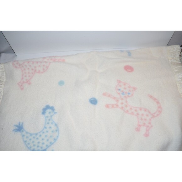Vtg Baby Chatham Animals Rabbit Cat Bird Lamb Wool Baby Blanket Satin Edge - Picture 6 of 11